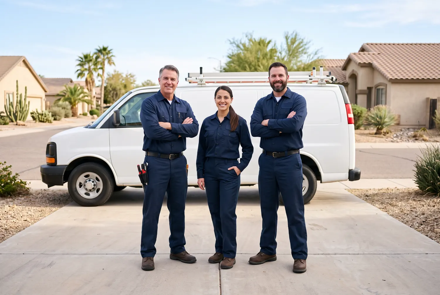 The licensed Plumbing Pros team in front of a service van